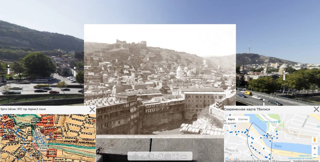 Панорама Kartli.info с исторической фотографией, картой Тифлиса 1887 года и современной картой Тбилиси